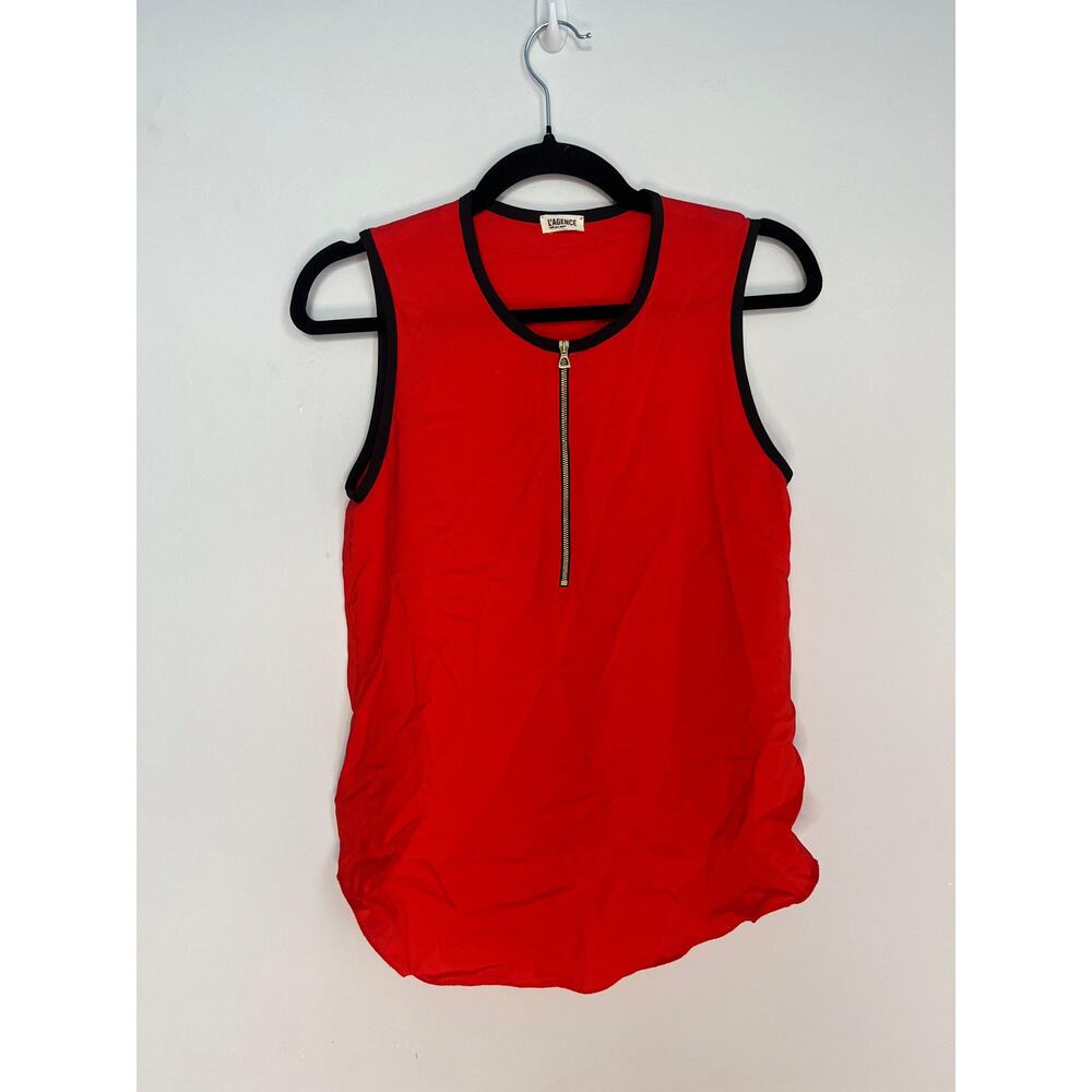 L'Agence Zip Front Tank Top Women Size 2 Red Black Trim Sleeveless Blouse